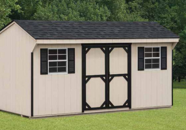 An image of a shed with tan paneling and gray shingles.