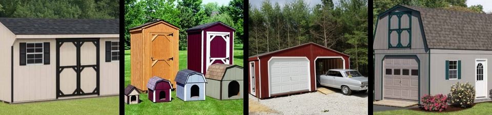 A banner image of a shed, dog houses, garage, and barn.